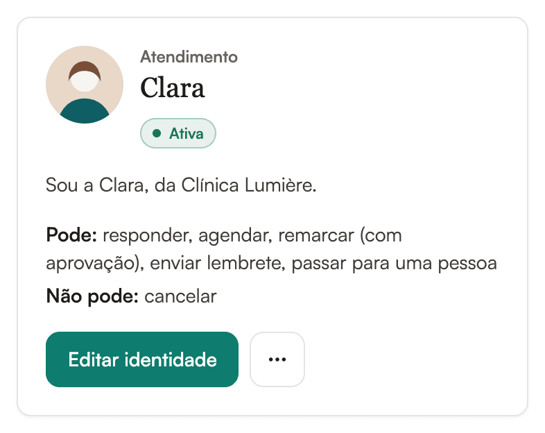 Configurações da IA com o nome, a foto e a apresentação da atendente da clínica
