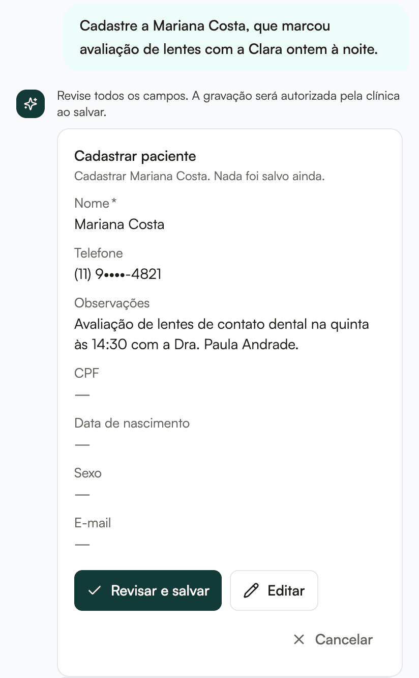 Rascunho de cadastro preparado pelo Copiloto, aguardando a aprovação de alguém da equipe