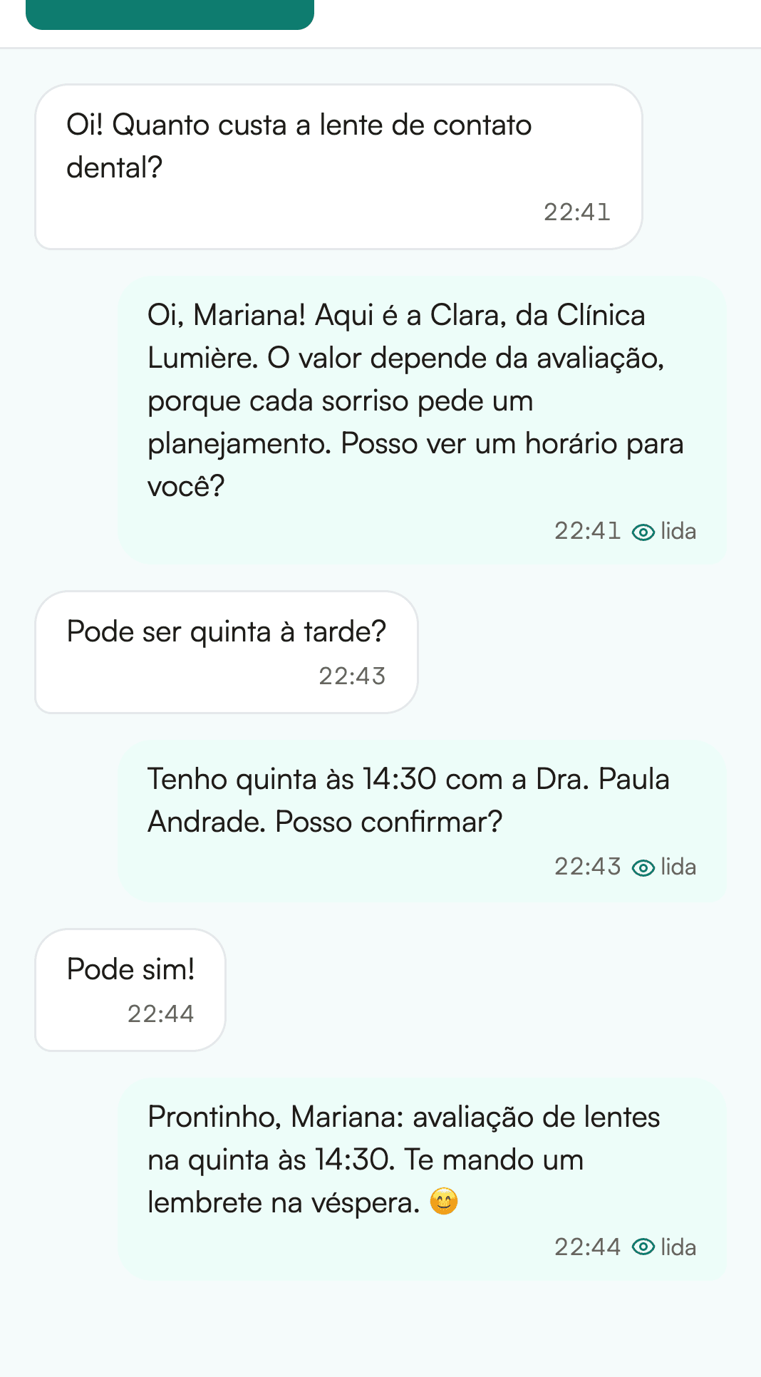Conversa no Inbox em que a atendente de IA marca uma avaliação