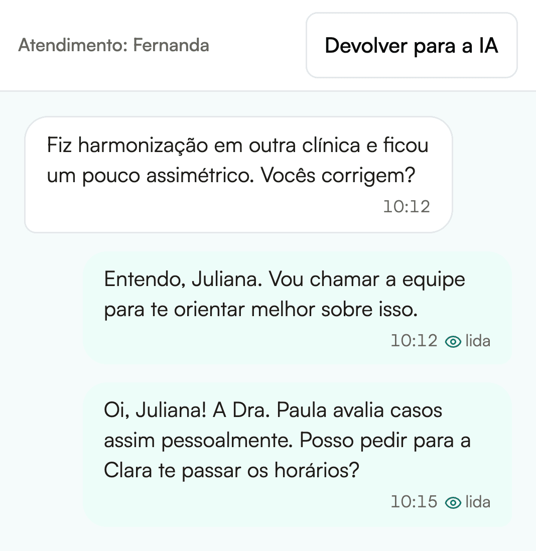 Conversa no Inbox assumida pela recepção, com o botão para devolver o atendimento à atendente de IA