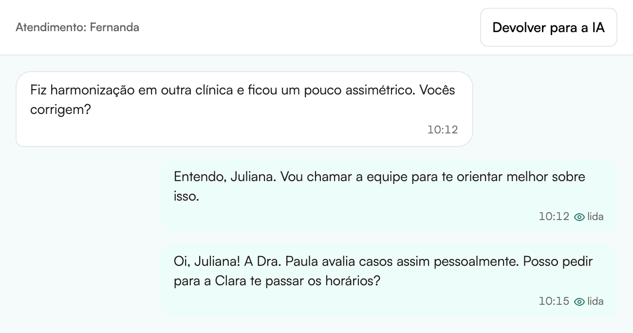 Conversa no Inbox assumida pela recepção, com o botão para devolver o atendimento à atendente de IA